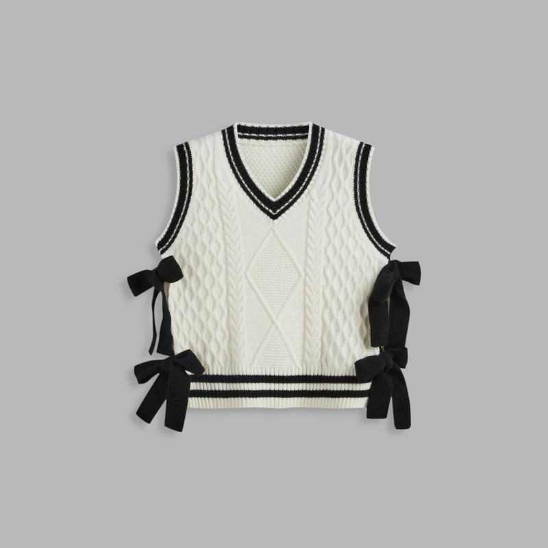 Cider [2 colors, size 2-26] V-neck Solid Bowknot Knitted Vest