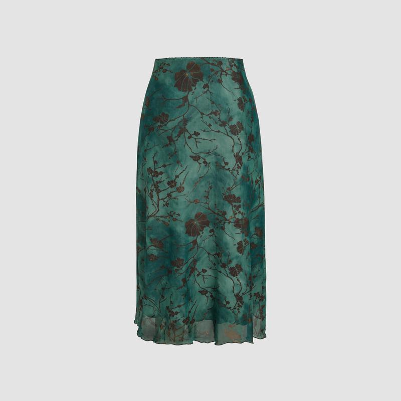 Cider [3 colors, size 0-26] High Waist Mesh Floral Midi Skirt