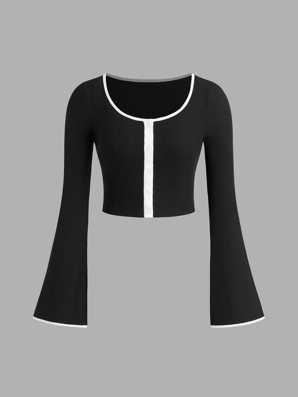 YOZY Women's Contrast Binding Flounce Sleeve Top & Split Hem Pants Two-piece Set, Casual Round Neck Long Sleeve Top & Trousers Two Piece Set for Daily Wear, Ladies Clothes for All Seasons