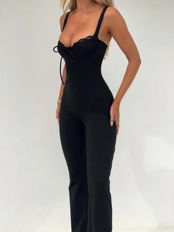 Women's Contrast Lace Backless Cami Jumpsuit, Solid Flared-Leg Jumpsuit, Ladies Clothes for Spring & Fall