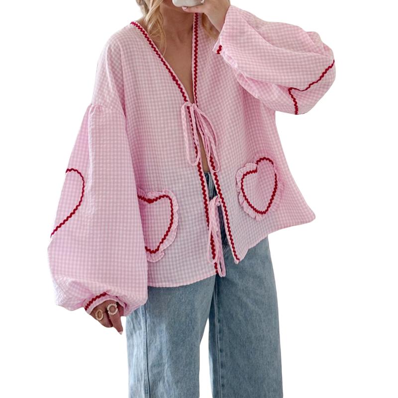 Women Long Sleeve Shirts Heart Embroidery Plaid Front Bowknot Tie-Up Blouses Fashion Spring Summer Casual Tops
