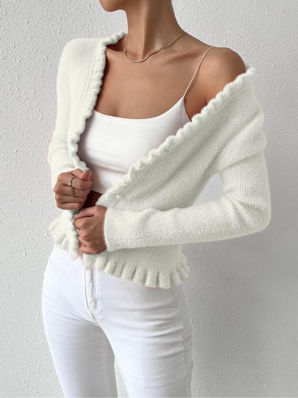 Women's Plain Frill Trim Sweater Cardigan, Elegant Long Sleeve Open Front Knitwear for Fall & Winter, Fashion Women's Knit Clothing for Daily Wear