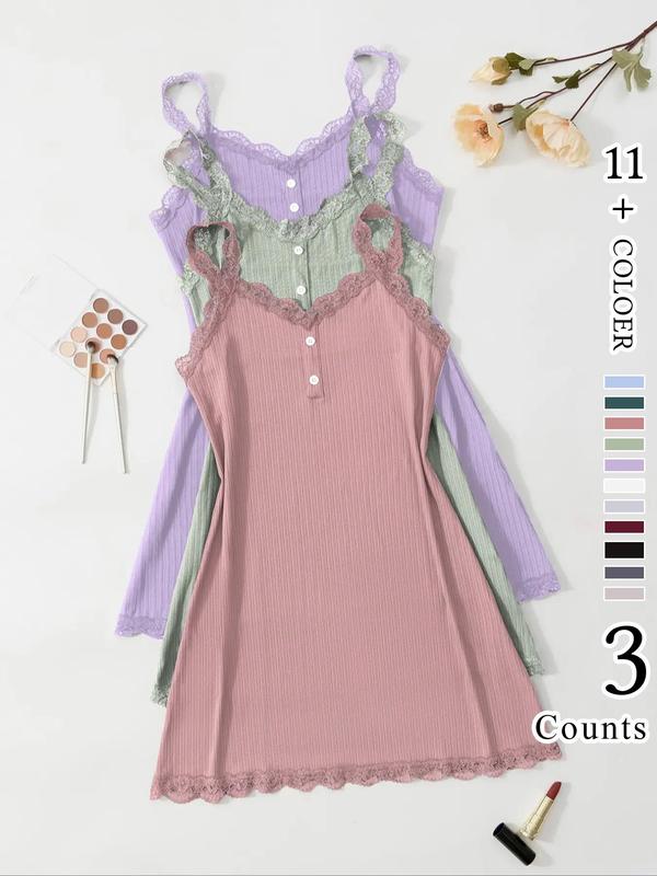 Women's Back To School Plain Contrast Lace Buttons Cami Nightdress, Elegant Sweetheart Neck Sleeveless Sleep Dress, Dresses for Women, Comfy Sleepwear for Fall, Night Gown for Women, Women's Clothes, Night Gown for Women, Sleep Gown