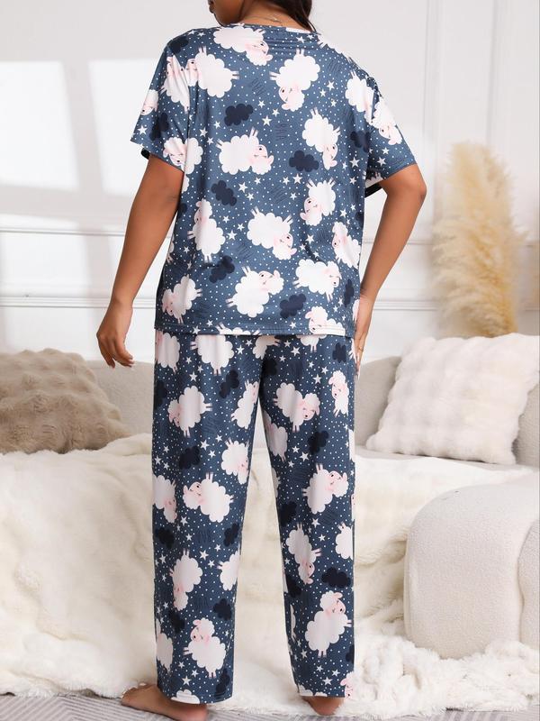 Plus Size Two-Piece Set Cartoon Dinosaur Print Tee & Pants & Eye Mask Pyjama Set, Casual Short Sleeve T-shirt & Trousers & Eye Cover, Women's Summer Sleepwear