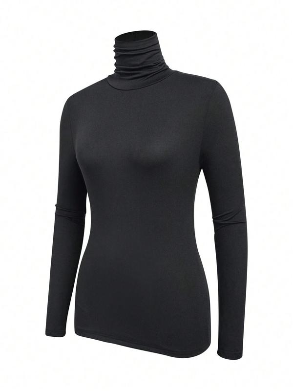 Women's Solid Turtle Neck Long Sleeve Tee, 2024 New Style Elegant Fashion Casual Tight Sleeve Top for Daily Outdoor Wear,  The Original Skating Girl Shirt, Women Clothing for Fall & Winter