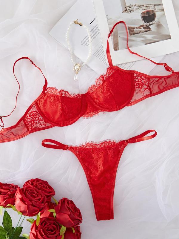 Two-Piece Set Women's Floral Lace Bra & Thong Underwear Set, Adjustable Strap Push Up Bralette & Thong Set, Lingerie Set for Women