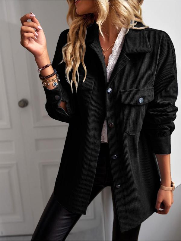 Women's Solid Button Front Drop Shoulder Corduroy Coat without Tee & Necklace, Casual Long Sleeve Collared Button Up Outerwear for Daily Wear, Ladies Fall Clothes As Birthday Gifts