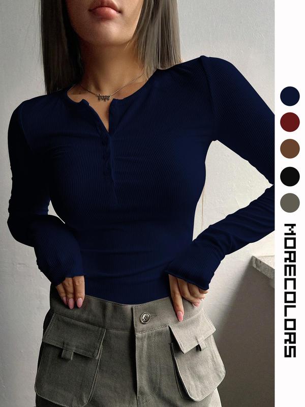 Women's Plain Button Front Tee, Casual Long Sleeve Round Neck T-shirt for Fall & Winter, Women's Clothing for Daily Wear Downtown Girl Clothes, Fall Clothes