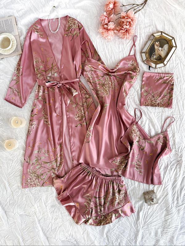 Two-Piece Set Women's Plants Print Satin Fall Pyjama Set, Fall Wear, Belted Robe & Cowl Neck Cami Night Dress & Backless Cami Top & Elastic Waist Shorts & Storage Bag Set, Casual Comfortable Fall Sleepwear Set for Women, Fallfreshness Dresses