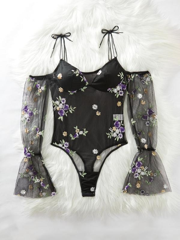 Women's Floral Embroidery Sheer Mesh Lingerie Bodysuit, Sexy Knotted Shoulder Padded Lingerie Top for Daily Wear, Womenswear, Women's Lingerie, Women Sexy Lingeries & Costumes