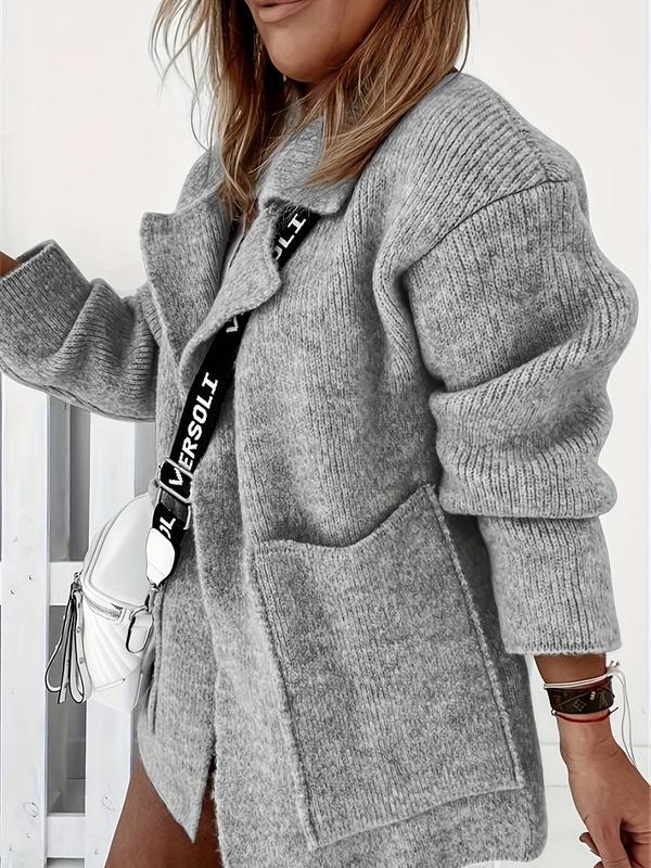 Solid Dual Pocket Drop Shoulder Cardigan, Long Sleeve Lapel Outerwear, Minimalist Women's Clothing for Daily Wear, Lady Longsleeves Tops, Cardigans for Women, Comfort Womenswear, Going Out Outfits Sleeve Cardigan