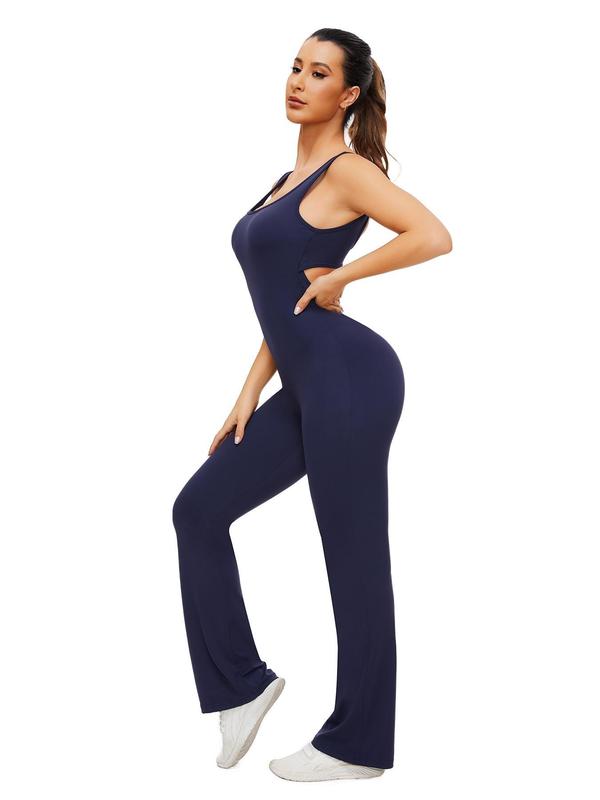 Women's Solid Color Backless Ruched Removable Chest Padded Flare Leg Jumpsuit, Casual Comfy Sleeveless U Neck Bell Bottom Jumpsuit for Daily Wear, Ladies Clothes for All Seasons