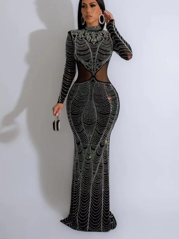 Floor Length Rhinestone-Embellished Hourglass-Shaped Dress - Vestido Hasta El Suelo Con Forma De Reloj De Arena Adornado Con Pedreria