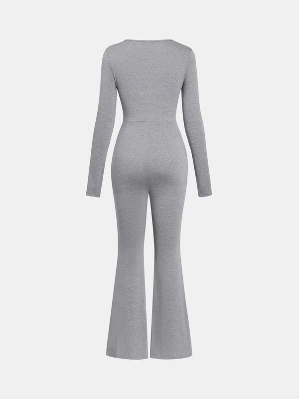 YOZY Zipper Back Flare Leg Jumpsuit  Casual Comfy Solid Long Sleeve Round Neck Bell Bottom Jumpsuit, 2024 Women's Daily Wear for Spring & Fall