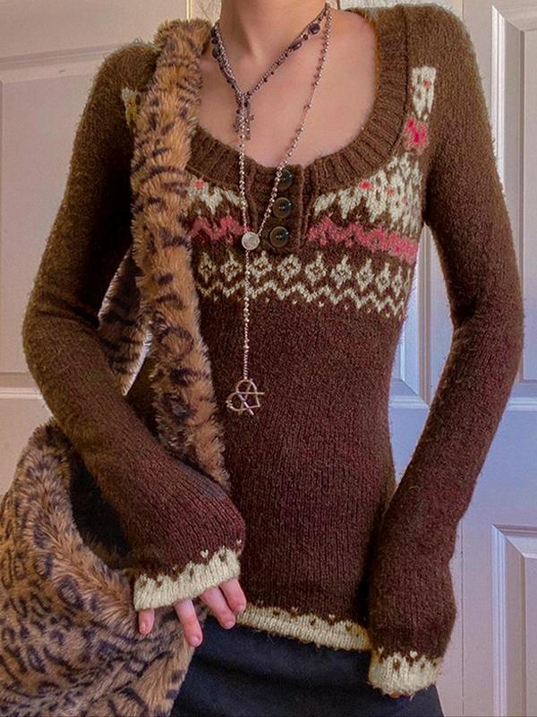 Women's Geometric Jacquard Button Front Scoop Neck Sweater, Casual Long Sleeve Jumper for Fall & Winter, Fashion Ladies' Knitwear for Daily Wear