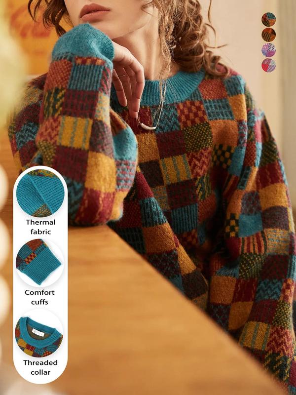 Patchwork Plaid Print Drop Shoulder Crewneck Sweater, Long Sleeve Round Neck Knitted Jumper for Daily, Fall Women Knitwear, Cozy Fall Outfits for Women Girls, Going Out Tops Christmas  Preppy 80s Clothes
