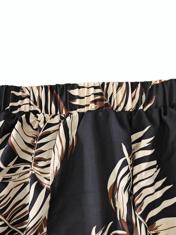 Two-Piece Set Women's Leaf Print Tie Back Wrap Crop Cami Top & Split Thigh Skirt Set, Boho Sleeveless Spaghetti Strap Top & Long Skirt for Beach Holiday Vacation, Ladies Summer Clothes