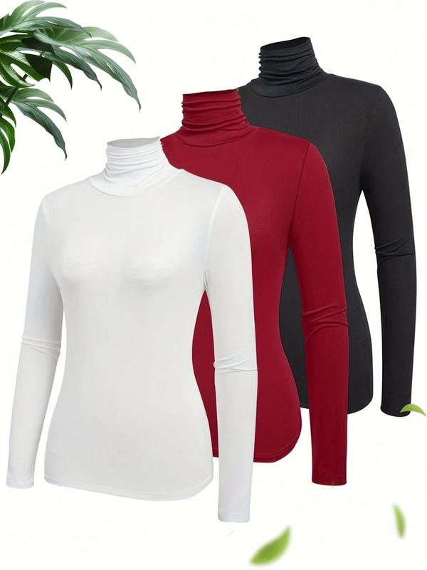 Women's Solid Turtle Neck Long Sleeve Tee, 2024 New Style Elegant Fashion Casual Tight Sleeve Top for Daily Outdoor Wear,  The Original Skating Girl Shirt, Women Clothing for Fall & Winter