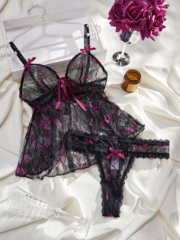 Women's Floral Print Sheer Lace Sexy Lingerie Set, Bow Decor Split Lingerie Top & Thong Set, Romantic Underwear Set for Ladies