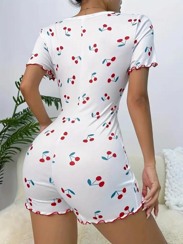 Women's Cherry Print Buttons Deep V Neck Lettuce Trim Vintage Romper, Fashion Casual Short Sleeve Skinny Romper for Summer, Ladies Clothes for Daily Wear