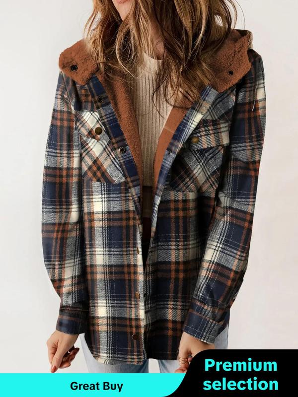 Women's Plaid Print Button Front Thermal Lined Hooded Coat, Fall Outfits, Casual Long Sleeve Pocket Outerwear for Winter, Ladies Clothes for Daily Wear