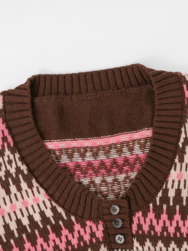 Women's Geometric Jacquard Button Front Scoop Neck Sweater, Casual Long Sleeve Jumper for Fall & Winter, Fashion Ladies' Knitwear for Daily Wear