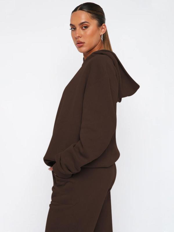 Women's Solid Drop Shoulder Hoodie Top & Drawstring Waist Sweatpants Set, Casual Fashion Cozy Breathable Two-piece Outfits for Daily Outdoor Wear, Women Clothes for Fall & Winter