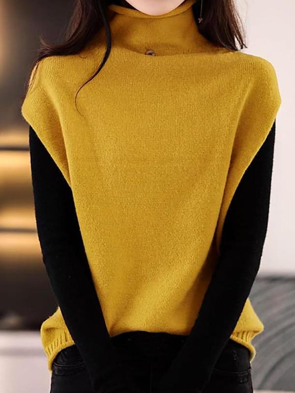 Women's Solid High Neck Sweater Vest, Casual Button Jumper Vest for Spring & Fall, Fashion Women's Knitwear for Daily Wear
