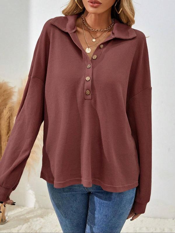 Women's Plain Half Button Drop Shoulder Tee, Casual Long Sleeve Collared Top for Spring & Fall, Women's Clothing for Daily Wear