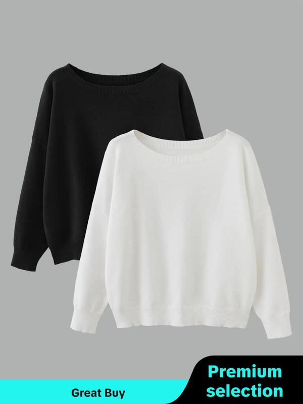 Women's Solid Color Drop Shoulder Boat Neck Sweater, Casual Long Sleeve Jumper for Fall, Fashion Ladies' Knitwear for Daily Wear