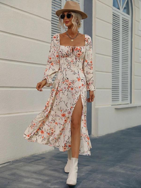 Women's Ditsy Floral Print Tie Front Split Thigh A-line Vintage Dress, Boho Long Sleeve Slim Fitting Square Neck Midi Dress for Spring & Fall, Summer Outfits, Back To School Outfits, Birthday Dresses 2024 Frenchy Style Non Bodycon Dress