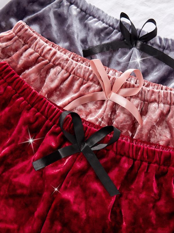 Women's Contrast Lace Velvet Cami Top & Elastic Waistband Shorts Pajama Set, Elegant V Neck Sleeveless Top & Bow Decor Shorts, Women's Sleepwear for Fall & Winter