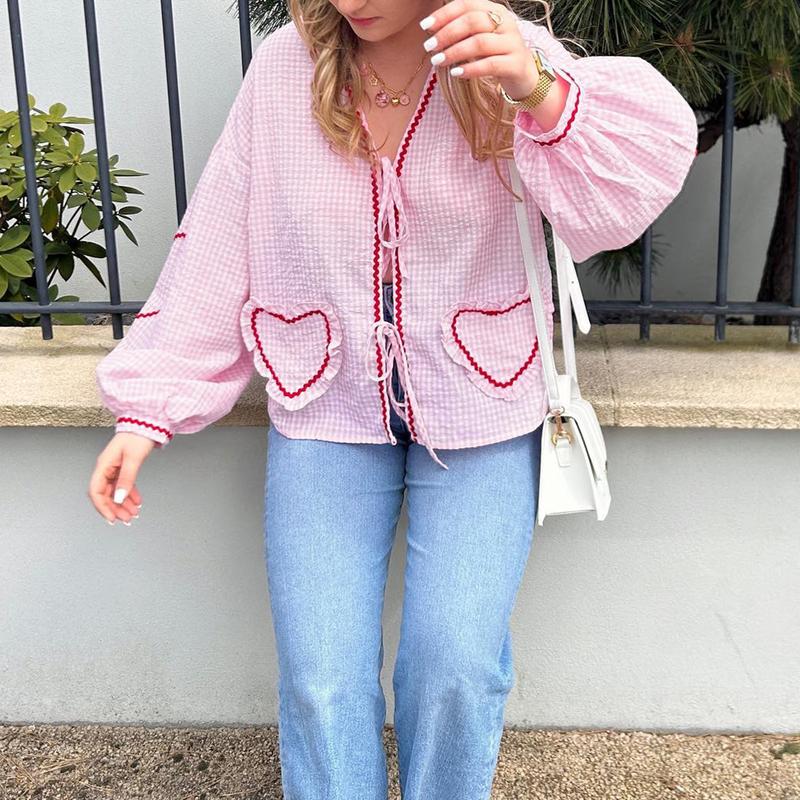 Women Long Sleeve Shirts Heart Embroidery Plaid Front Bowknot Tie-Up Blouses Fashion Spring Summer Casual Tops