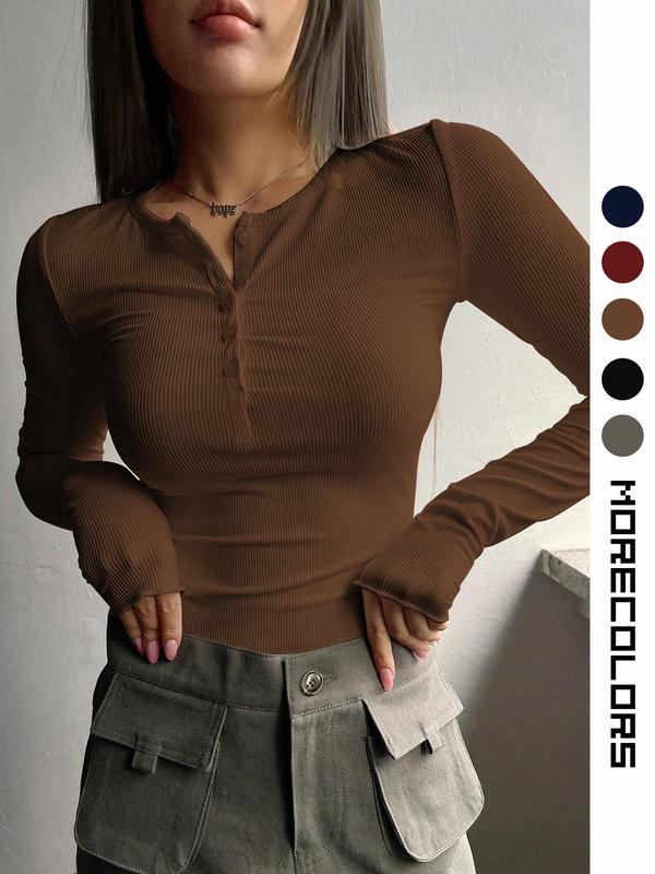 Women's Plain Button Front Tee, Casual Long Sleeve Round Neck T-shirt for Fall & Winter, Women's Clothing for Daily Wear Downtown Girl Clothes, Fall Clothes