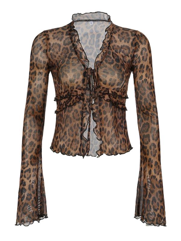 Women's Leopard Print Tulle Blouse, Sexy Fashion Long Sleeve Tie Front Top for Daily Outdoor Wear, Women Clothing for Fall