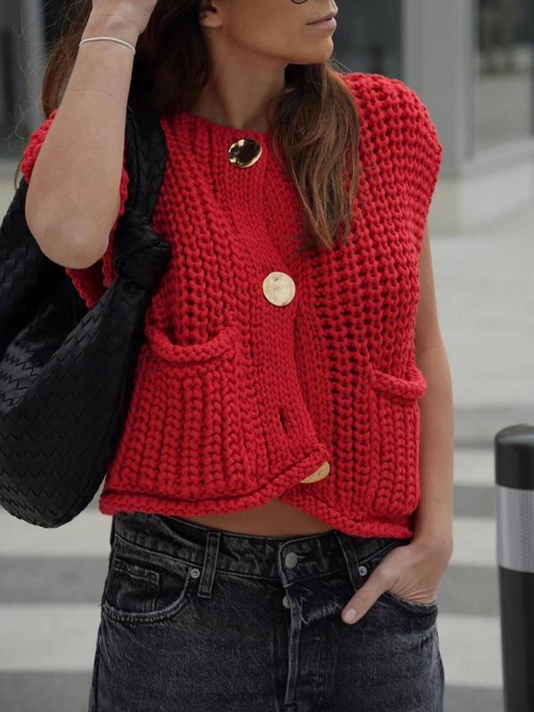 Women's Plain Button Front Pocket Sweater Vest, Casual V Neck Sleeveless Knitwear for Fall & Winter, Fashion Ladies' Knit Clothing for Daily Wear