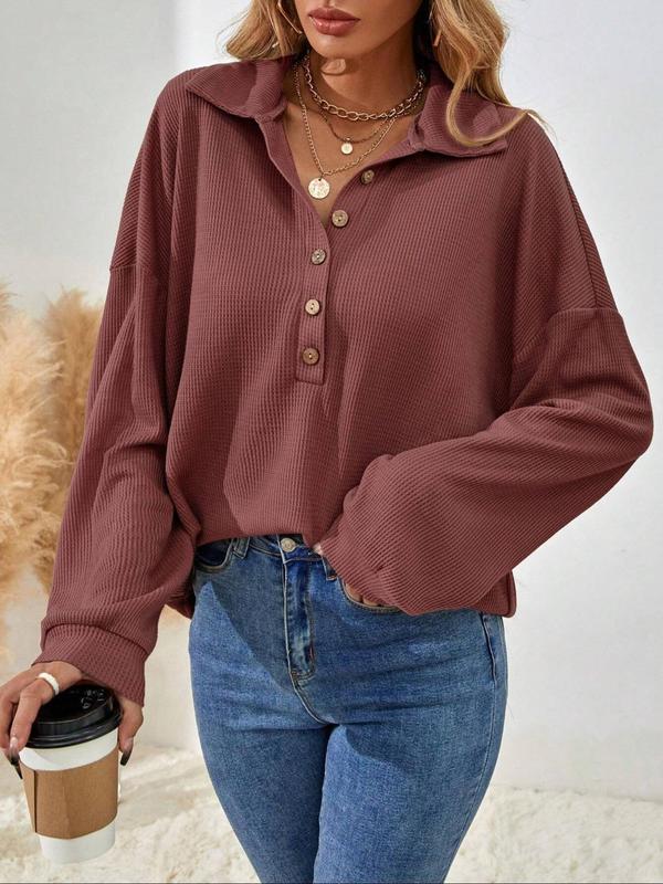 Women's Plain Half Button Drop Shoulder Tee, Casual Long Sleeve Collared Top for Spring & Fall, Women's Clothing for Daily Wear