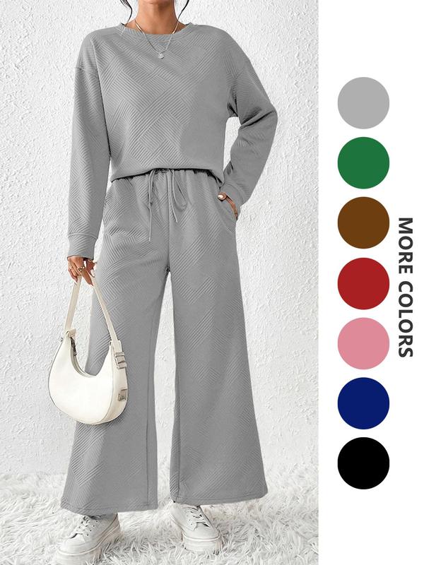 Two-piece Set  Women's Solid Textured Drop Shoulder Pullover & Wide Leg Pants, Casual Fashion Cozy Round Neck Long Sleeve Top & High Waist Trousers for Daily Outdoor Wear, Women's Sweatsuit Set Outfit for Fall & Winter