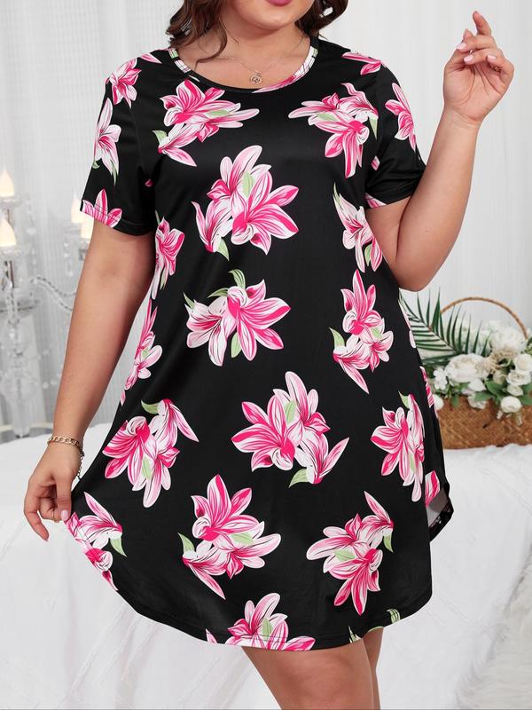  All Over Print Round Neck Tee Nightdress, Casual Short Sleeve Nightgown for Summer, Women's Sleepwear for Indoor Home Wear