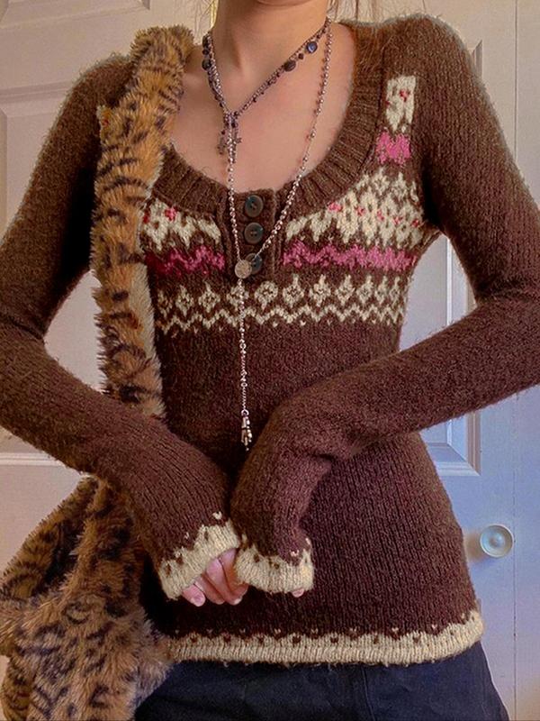 Women's Geometric Jacquard Button Front Scoop Neck Sweater, Casual Long Sleeve Jumper for Fall & Winter, Fashion Ladies' Knitwear for Daily Wear