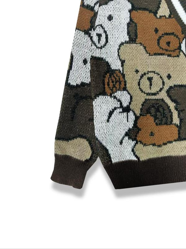 Women's Cartoon Bear Print Button Front Cardigan, Cute Casual Long Sleeve V Neck Knitwear for Fall & Winter, Cardigan for Women, Women's Knit Clothing for Daily Wear