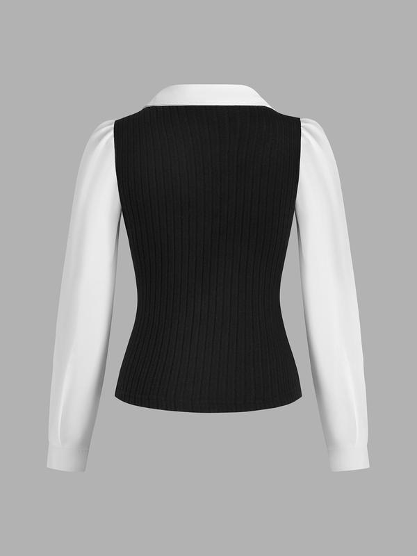 YOZY Women's Colorblock 2 in 1 Bishop Sleeve Blouse, Casual Long Sleeve Collared Top for Spring & Fall, Women's Clothing for Daily Wear