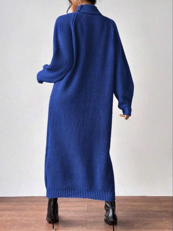 Women's Solid Raglan Sleeve High Neck Dress, Elegant Long Sleeve Knit Dress for Fall & Winter, Women's Clothing for Daily Wear Longsleeves