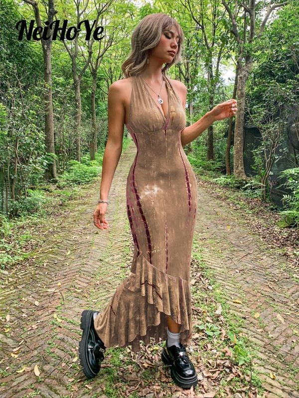 Women's Sexy Tie Dye Print Ruffle Hem Tie Back Halter Bodycon Dress, Summer Clothes Women Punk Fashion Casual V Neck Long Dress for Outdoor Beach Vacation, Breathable Comfortable Dress, Lady Summer Clothes for 2024, Birthday Dresses, 80s Fashion