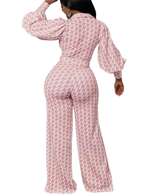 Women's Houndstooth Print Belted Wide Leg Jumpsuit, Elegant Bishop Sleeve V Neck Jumpsuit for Daily Wear, Ladies Clothes for All Seasons, Winter Clothes Women, Jumpsuits for Women