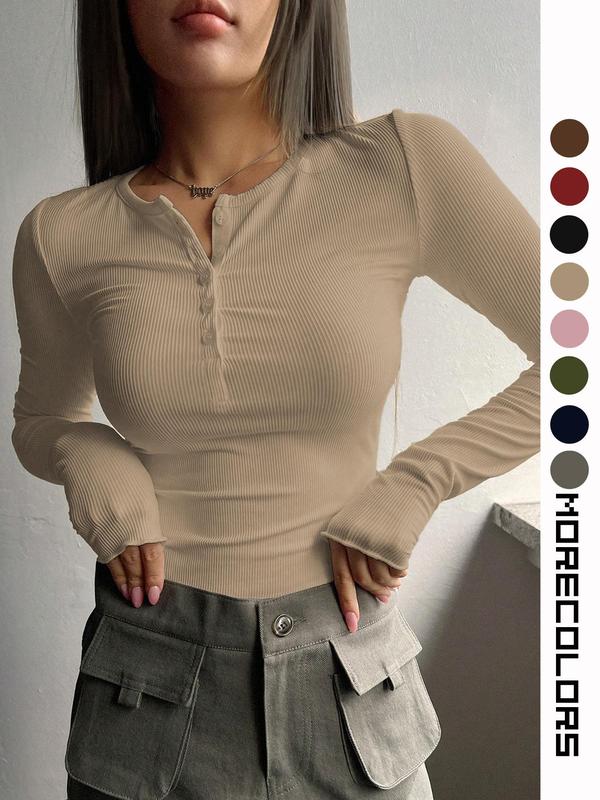 Women's Plain Button Front Tee, Casual Long Sleeve Round Neck T-shirt for Fall & Winter, Women's Clothing for Daily Wear Downtown Girl Clothes, Fall Clothes