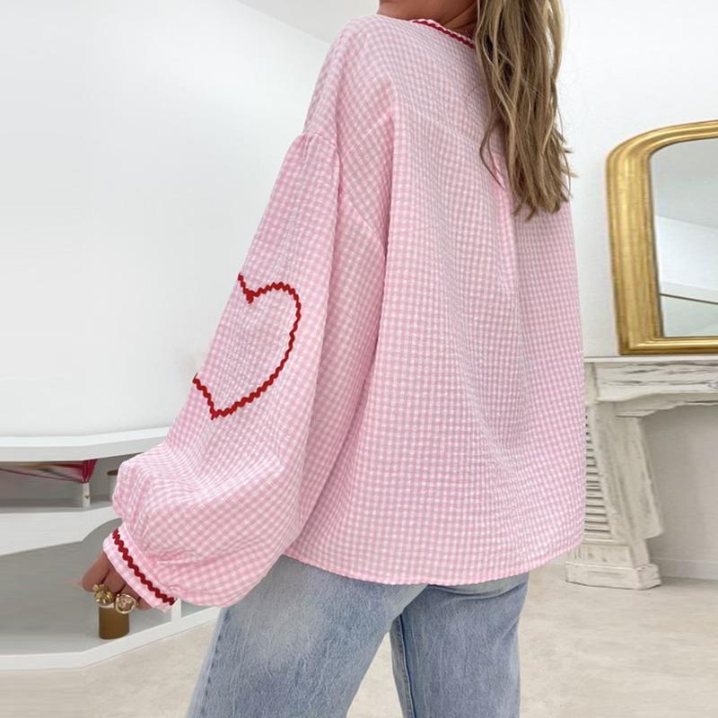Women Long Sleeve Shirts Heart Embroidery Plaid Front Bowknot Tie-Up Blouses Fashion Spring Summer Casual Tops