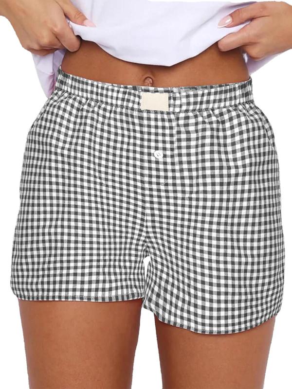 Women's Plaid Print Button High Waist Shorts, Casual Comfy Elastic Waist Wide Leg Shorts for Summer, Fashion Women's Bottoms for Daily Wear