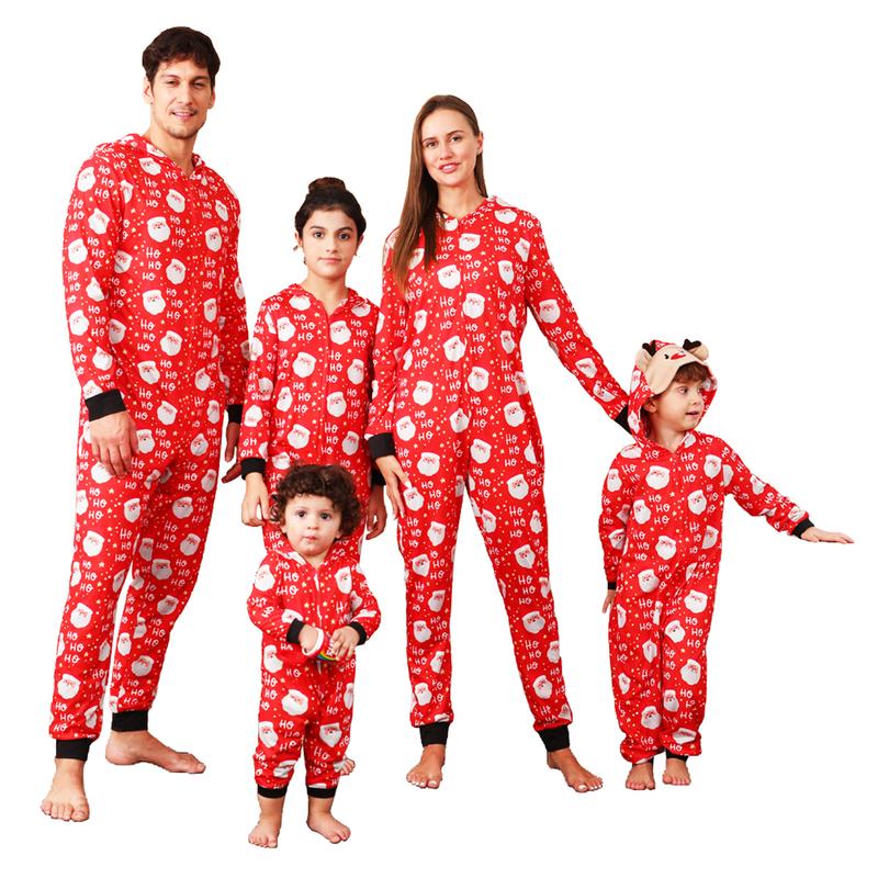 Matching Christmas Pajamas for Family Long Sleeve Santa Print Hooded Romper Zip Up Jumpsuits Xmas Pj's Clothes Homewear Sleepwear Loungewear Nightwear Bodysuit Womenswear  Round Neck Winter Womenswear Outdoors