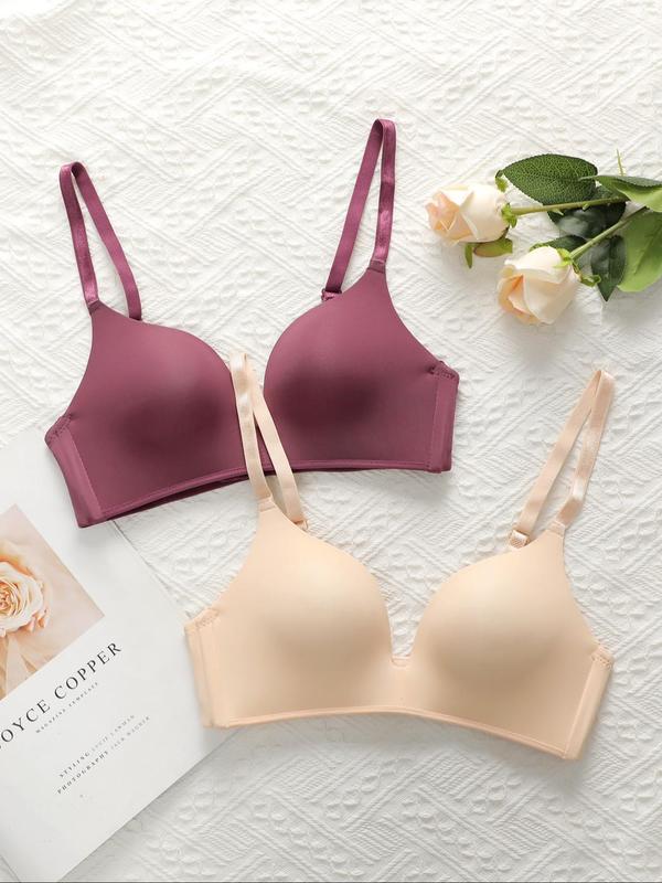 Women's 2pcs Solid Wireless Push Up Bra, Casual Adjustable Strap Bralette for Daily Wear, Women's Lingerie for All Seasons